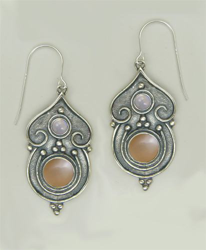 Sterling Silver Gothic Inspired Drop Dangle Earrings With Peach Moonstone And Rainbow Moonstone